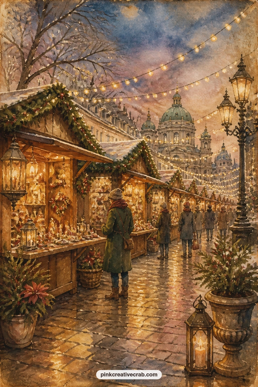 Vienna Stalls Under String Lights printable page — Pair this one with a strand of fairy lights sketched along the gutter, or use it as the first spread so the