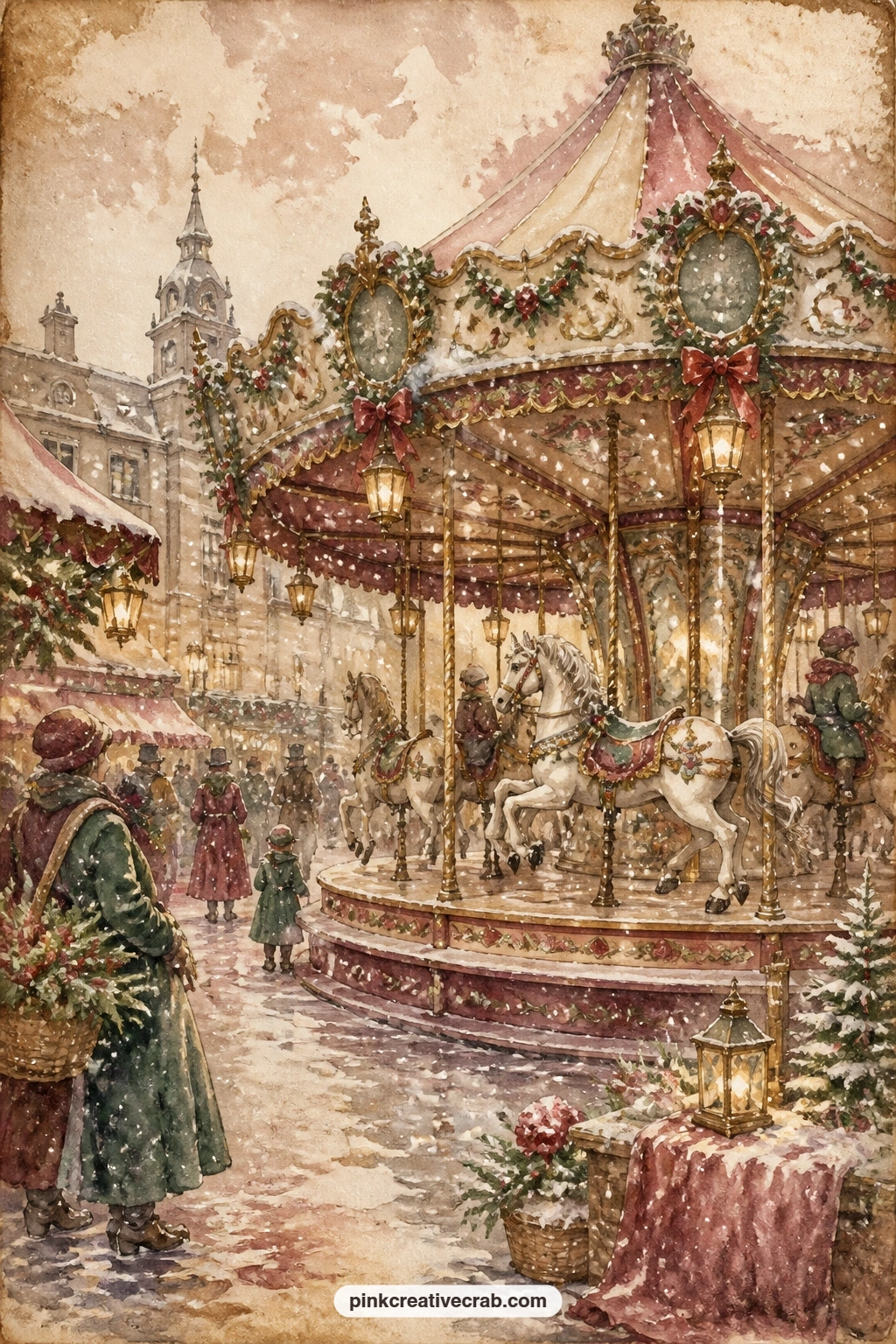 Carousel In A Snowy Square printable page — The usual mistake here is leaving the square around the carousel empty, so paint a light fall of snow and a few