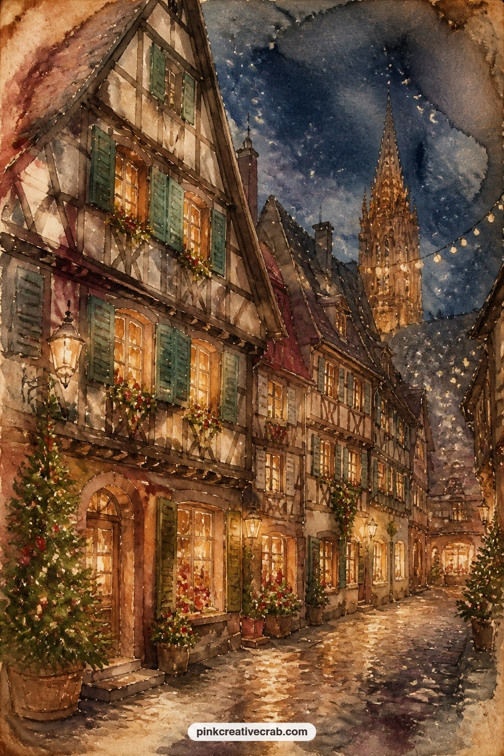 Strasbourg Houses At Night printable page — This page suits anyone in the gift journal who loves half-timbered towns and quiet night streets more than the
