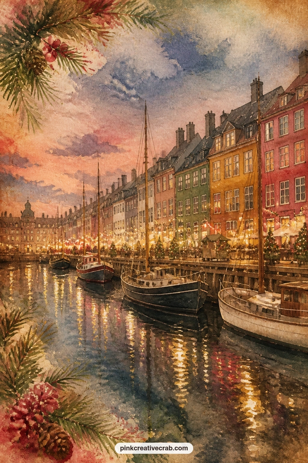 Copenhagen Harbor With Lights printable page — Ask yourself what the cold air smelled like that evening, then write the answer straight onto the water in this