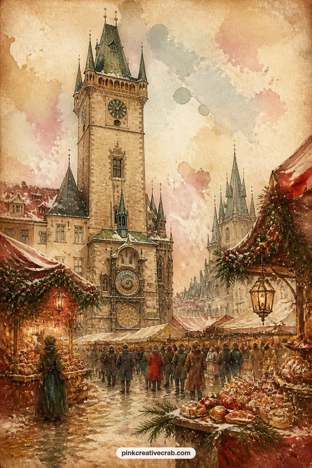 Prague Clock Tower And Market printable page — Five minutes is enough for this one: glue it in whole as a single-page spread and skip any extra decoration, the