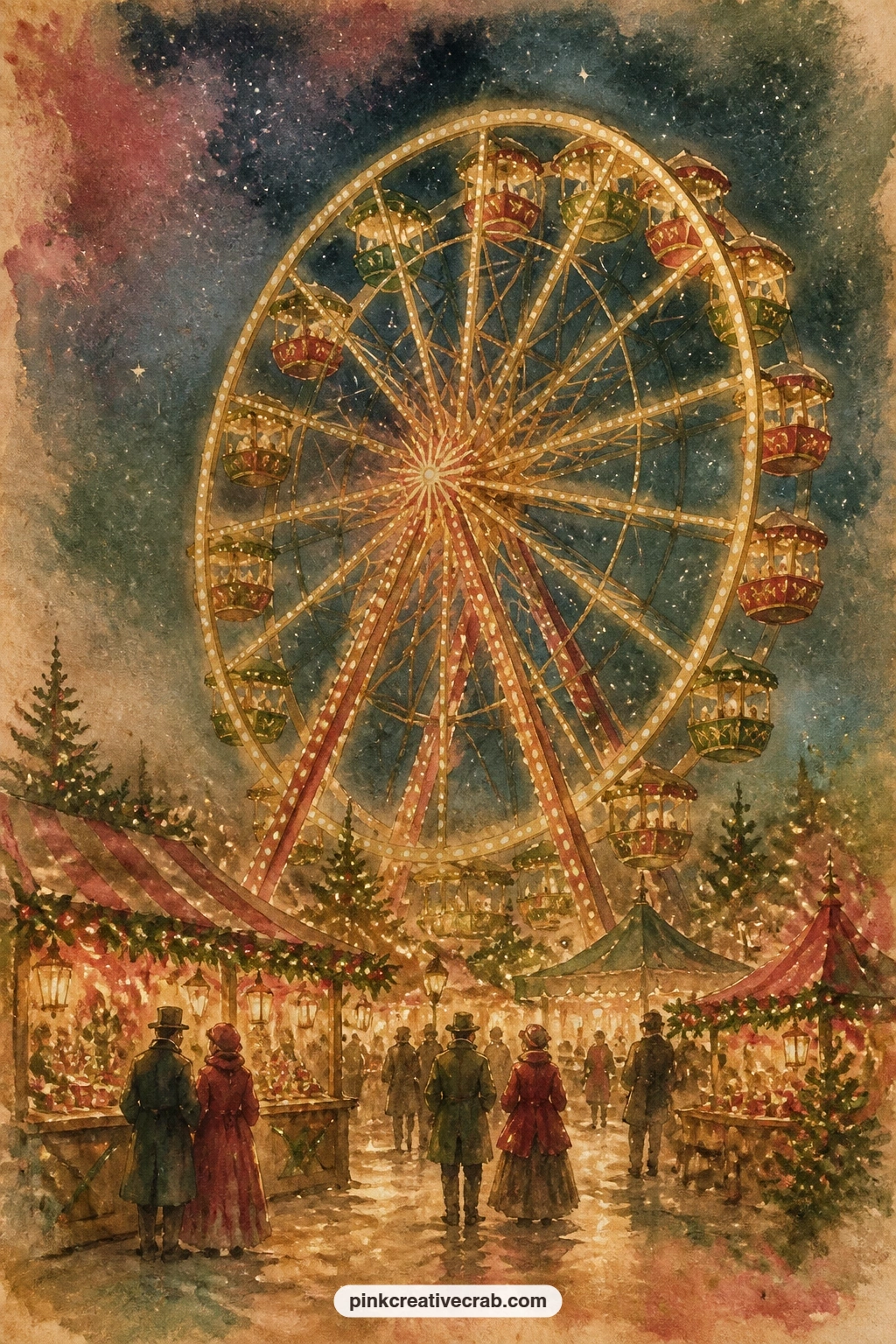 Ferris Wheel Lit Up At Night printable page — Place this page beside the carousel page so the two lit rides sit in one spread, night on one side and snowy day