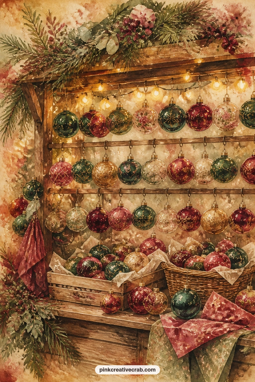 Ornament Stall With Glass Baubles printable page — Try the window technique here: cut a small flap over one bauble so lifting it reveals a tucked photo or note