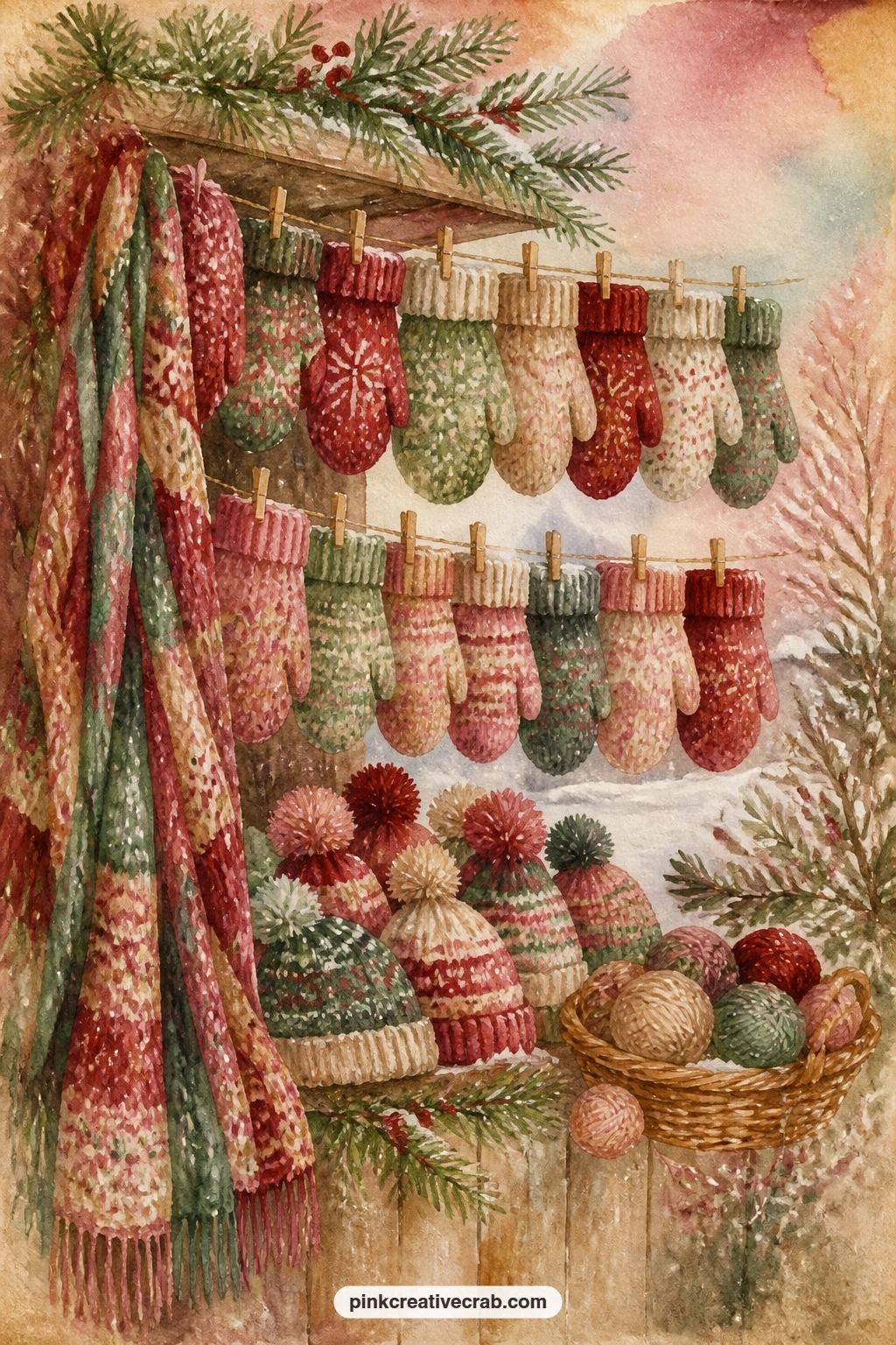 Knitted Mittens Stall printable page — A short overview sentence works best here, so simply name what hangs on this stall and let the painted page do the rest