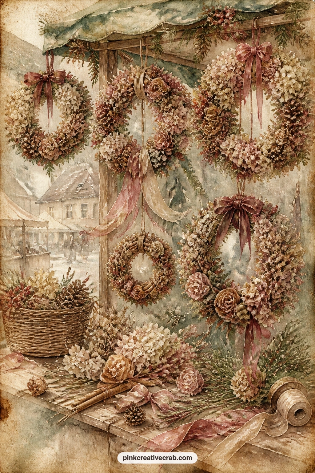 Dried Flower Wreath Stall printable page — This page is for the reader in the gift journal who loves flowers as much as Christmas, the kind who presses petals