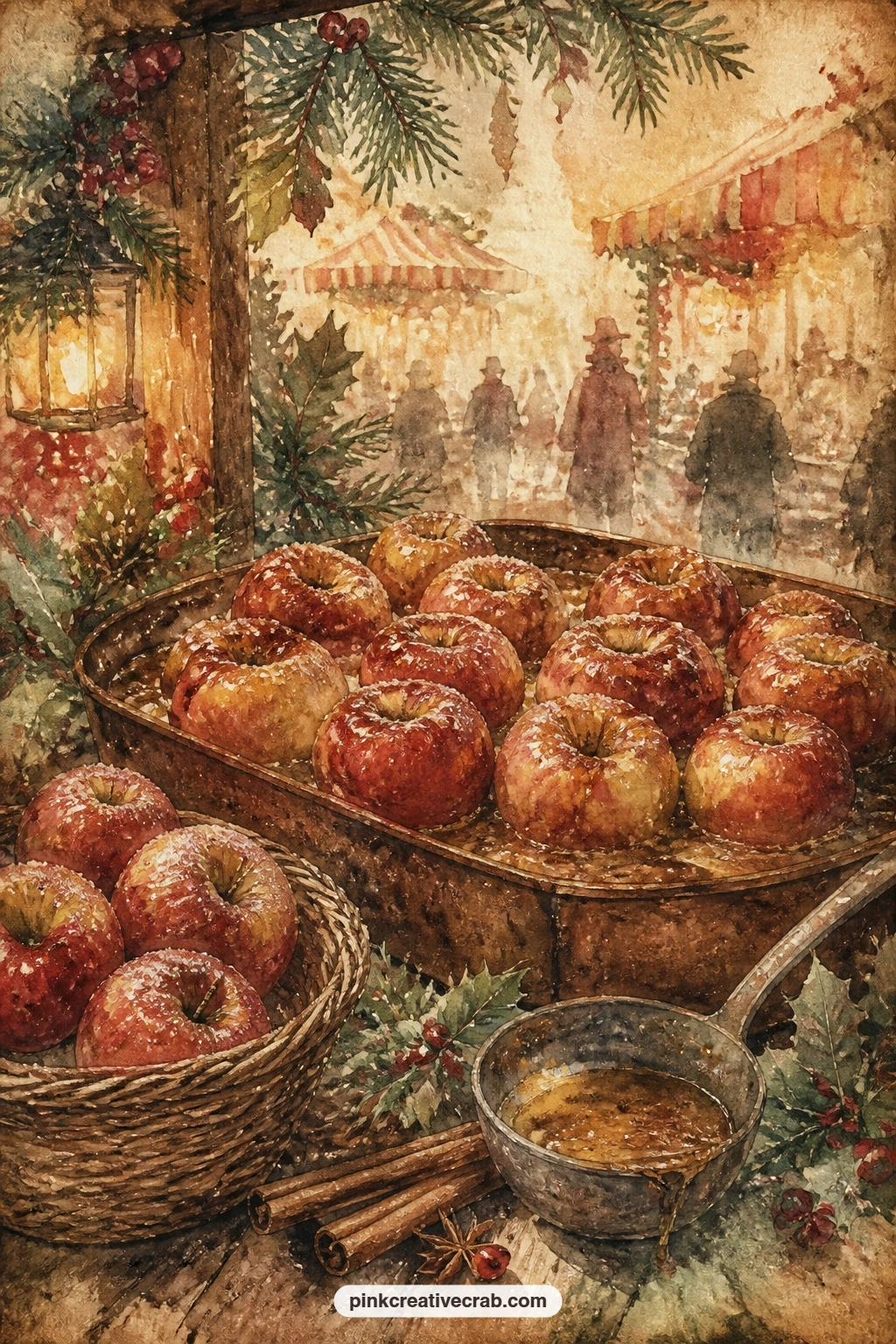 Baked Apples And Cinnamon Stall printable page — The common mistake is making the apples look too neat in a row, so stagger a few, tuck one half eaten, and let