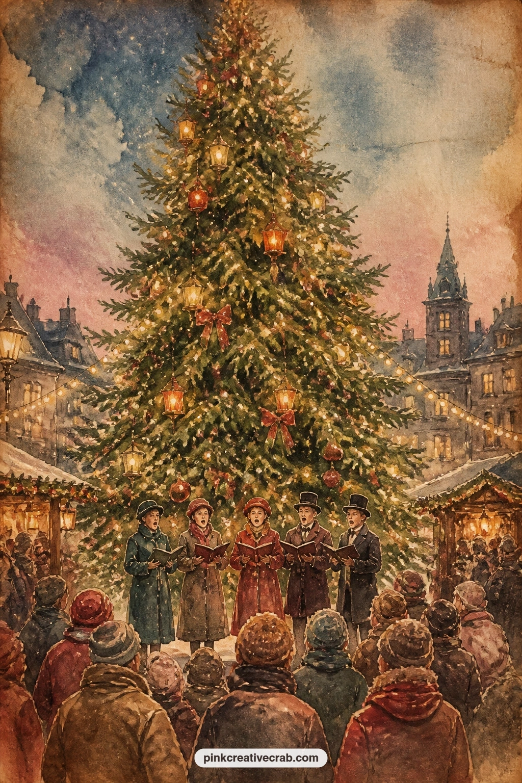 Choir Singing Under A Big Tree printable page — Write the first line of a carol you remember from that evening along the bottom border of this page, even if