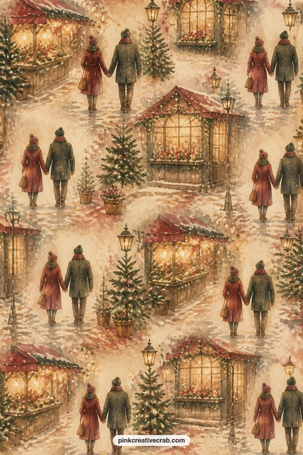 Couple Holding Hands At The Market printable page — Pair this page with the snowy cobblestones background from this set, laying the pattern paper behind it as