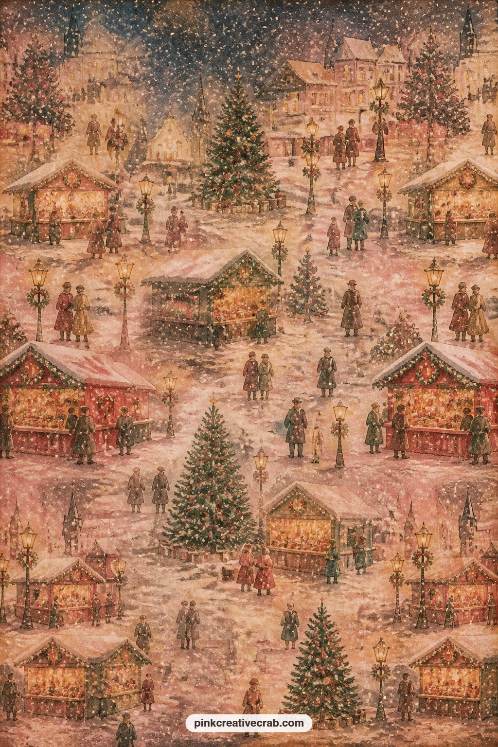 Snowy Night View Of The Market printable page — Save this page for last in the scene section, a wide view over the whole market pulls every earlier page