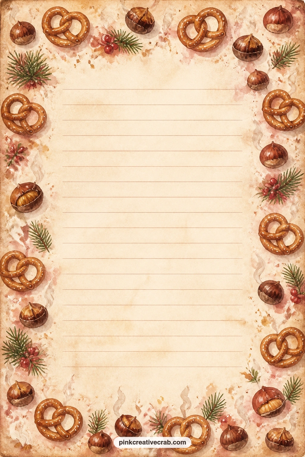 Pretzel And Chestnut Pattern printable page — Use this pattern under a photo of a market stall, as a lining behind a torn ticket, or as a soft cover wrap for