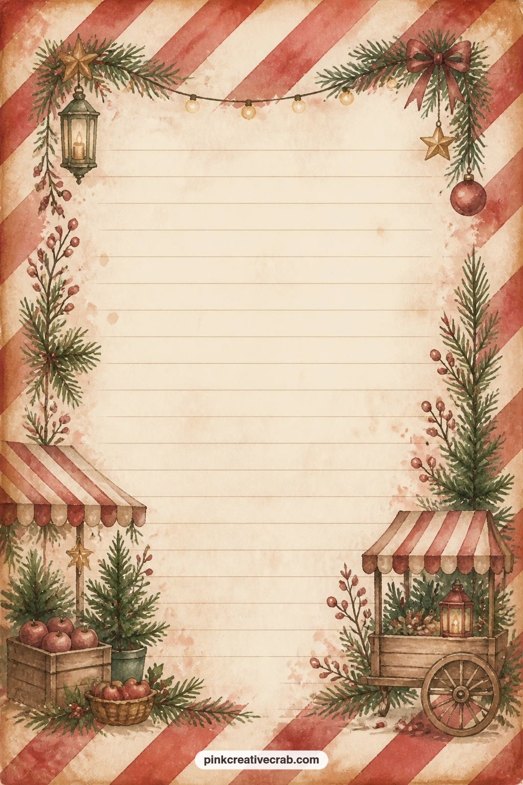 Red And White Tent Stripes printable page — Lay this striped paper behind a stall photo, use it to line a torn pocket edge, or cut it down for a simple journal