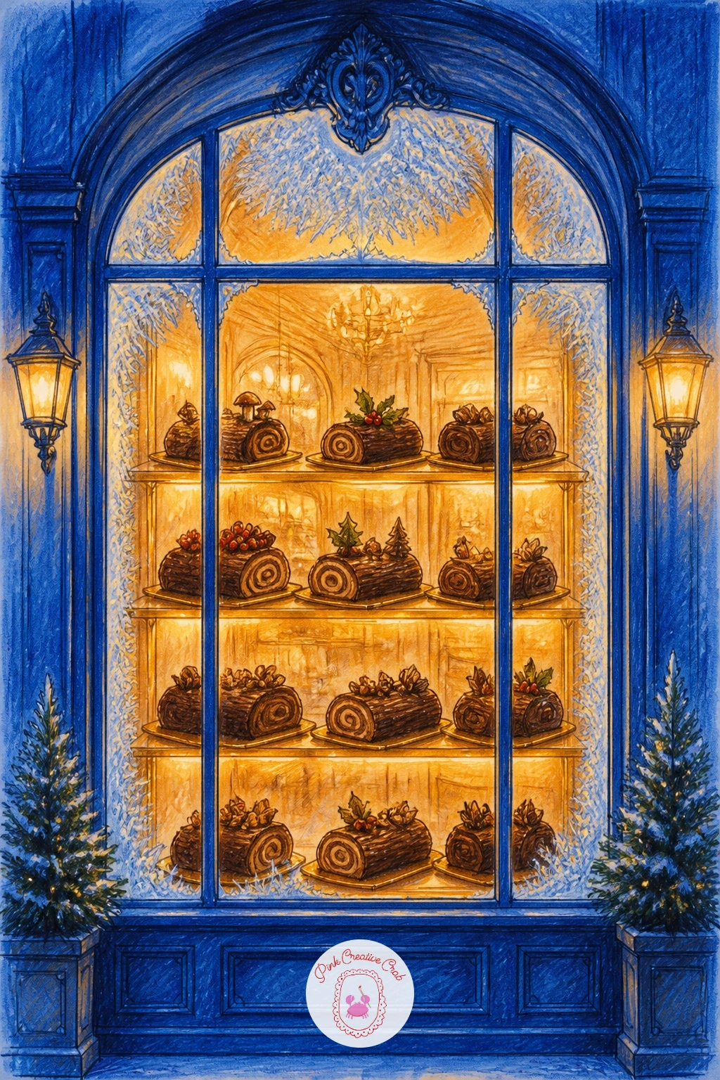 Paris Patisserie Window — Start the Paris patisserie window with a tall narrow rectangle, since Parisian shopfronts run taller than they are wide, and that