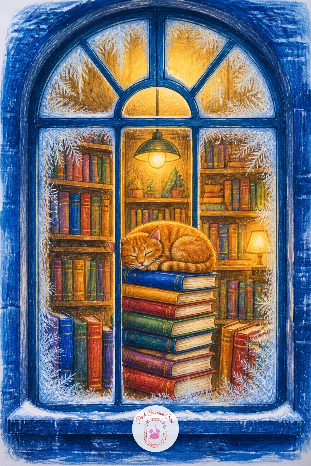 Bookshop Window With Sleeping Cat — A bookshop window with a cat asleep on books gives you a quiet, easy subject to build confidence on. Christmas window