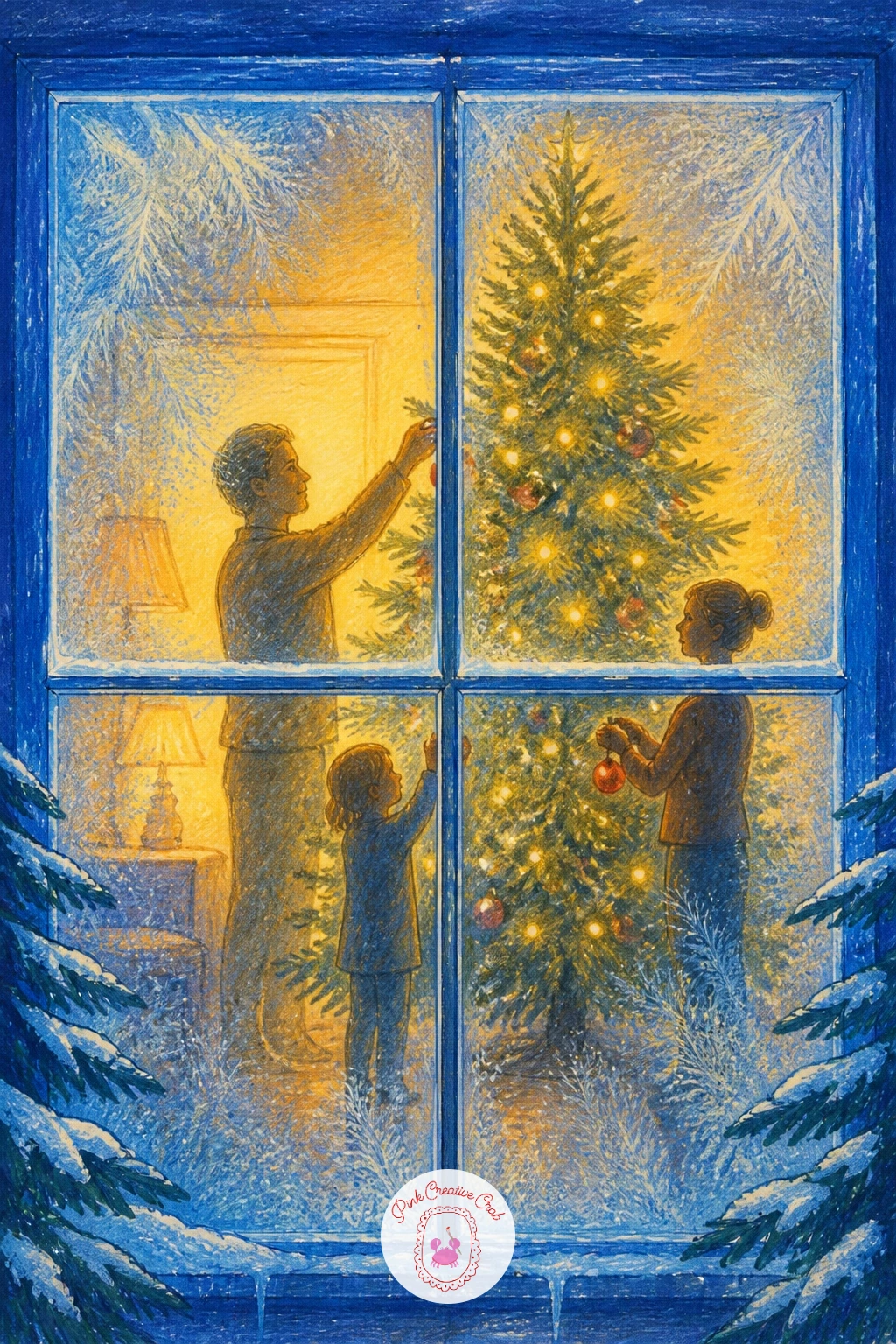 Family Decorating a Tree Behind Frosted Glass — Family decorating the tree behind frosted glass asks you to draw figures without drawing faces in much detail