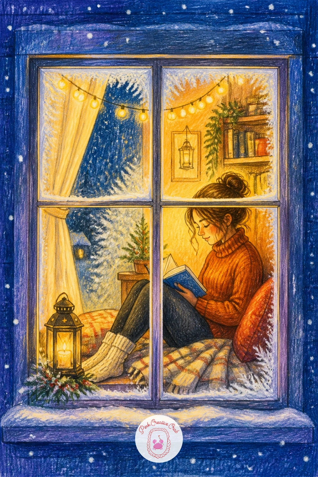 Girl Reading by a Window With Fairy Lights — Picture the window seat before the girl, since that shape anchors the whole drawing. Christmas window drawing