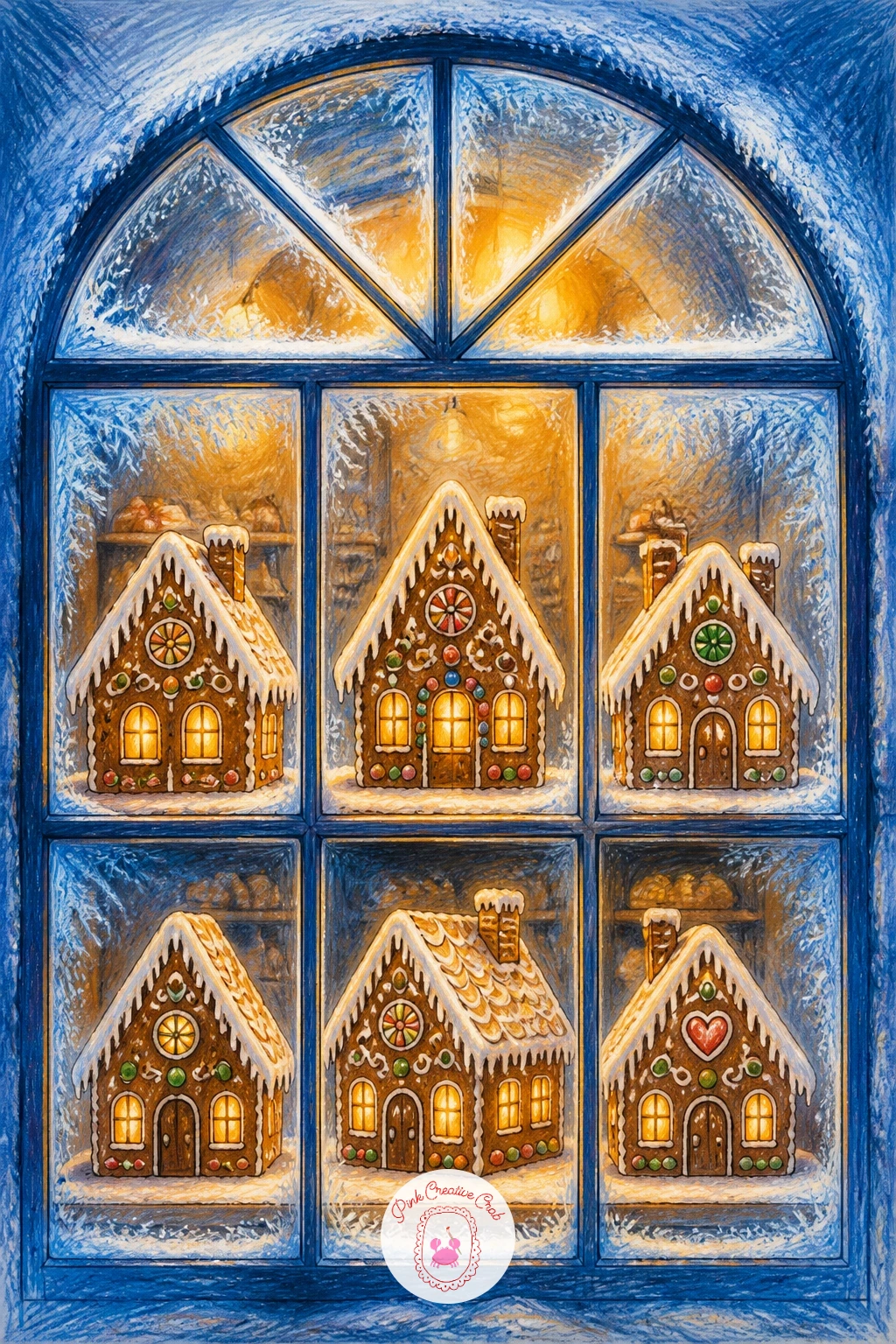 Bakery Window With Gingerbread Houses — Gingerbread houses stack well in a window, so draw three or four at different sizes along a shelf, each a simple house