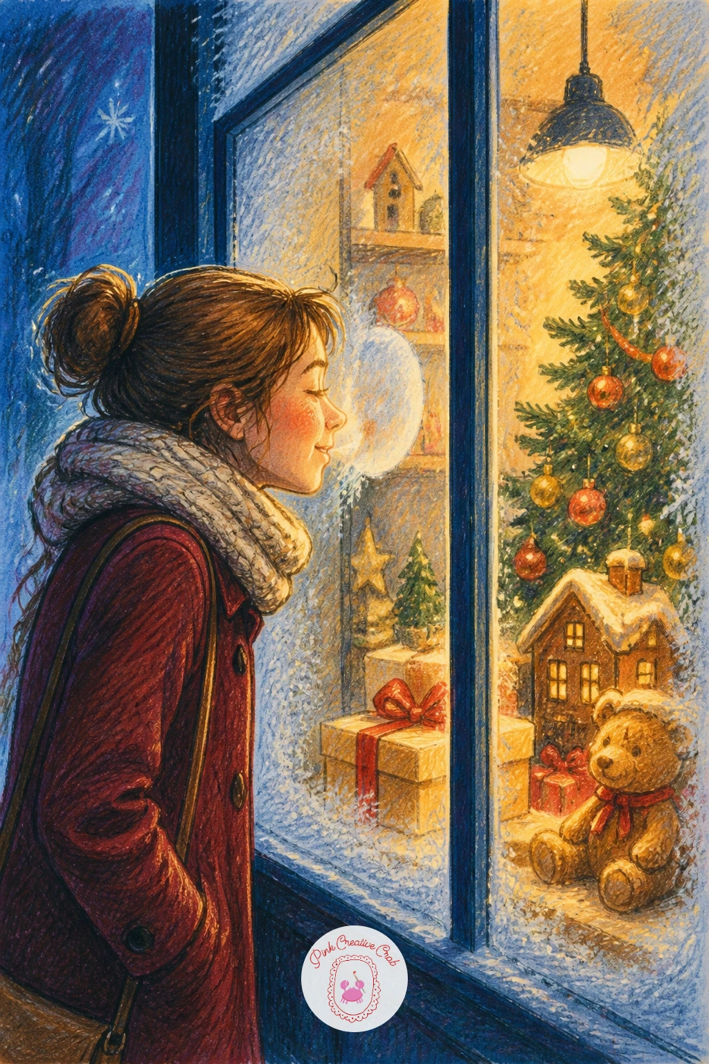 Woman Pressing Her Nose to a Shop Window — Getting the glass contact right is the whole trick here, so start with her head tilted slightly forward, nose and