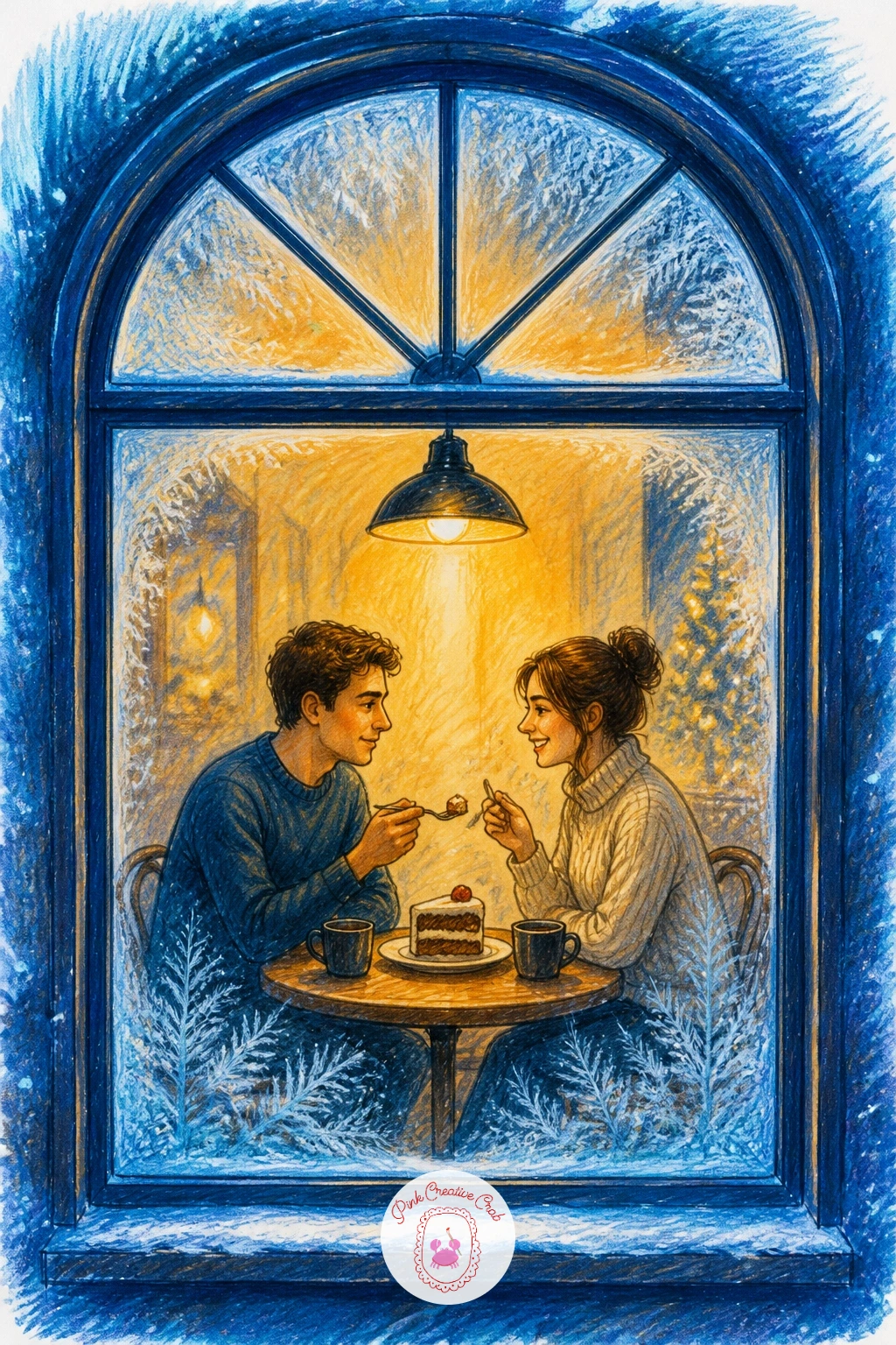 Café Window With Couples Sharing Desserts — Seat two simple figures at a small round table first, facing each other at a slight angle rather than straight on