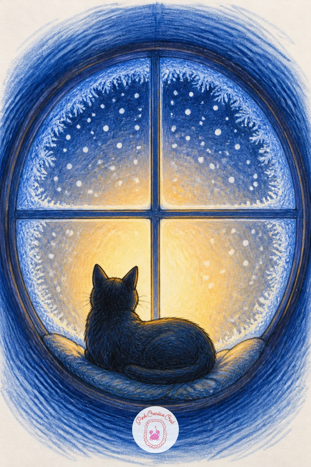 Cat Watching Snow From a Round Window — Round windows change the whole composition, so draw the circle first using a plate or lid to trace a clean edge, then
