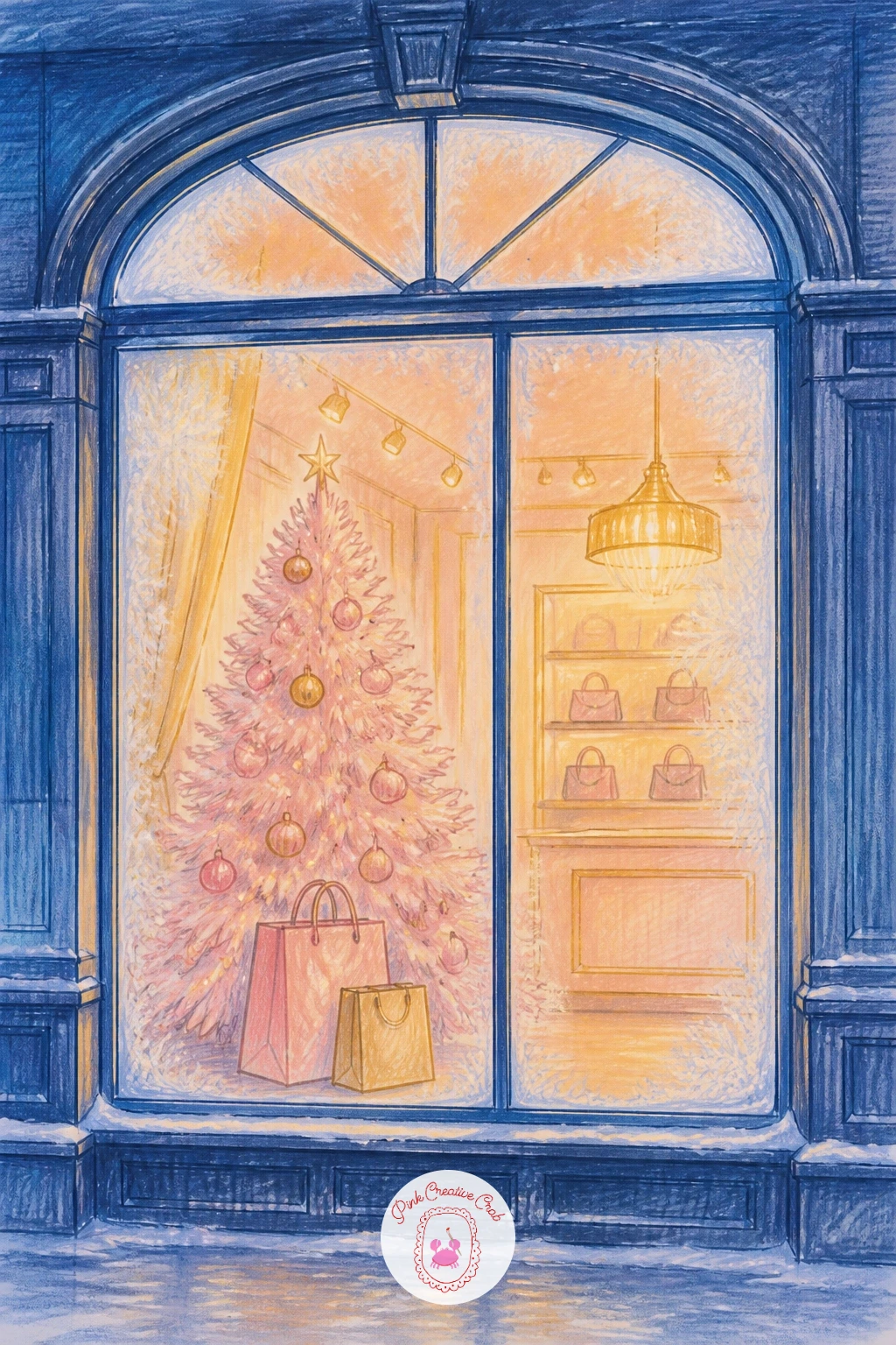 Boutique Window With Pink Tree and Bags — Trade the usual green tree for a pale pink one here, since a boutique window leans decorative rather than