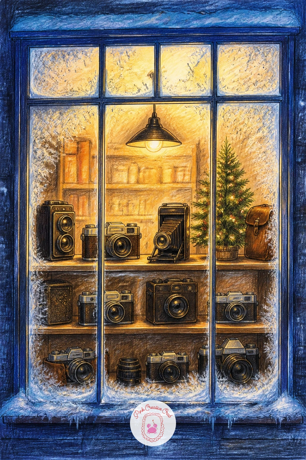Vintage Camera Shop With Tiny Tree — Line up two or three cameras on a shelf first, simple boxy bodies with a round lens circle on the front, varying their