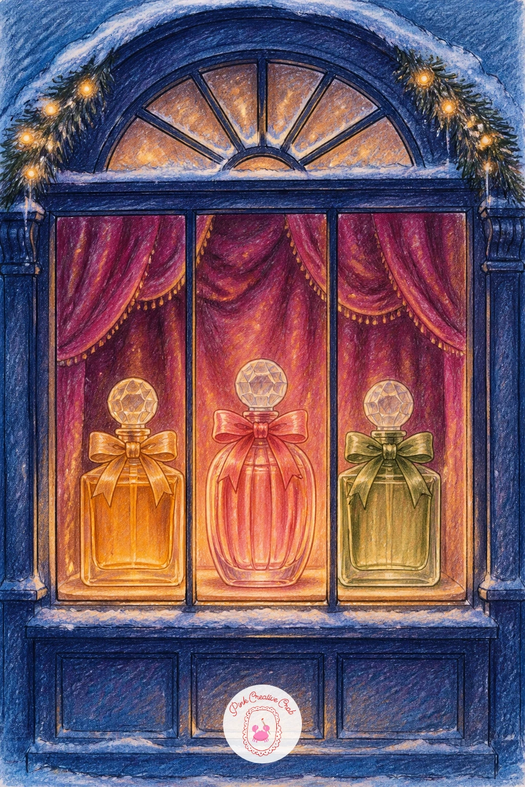 Perfume Shop Window With Bows — Arrange three or four perfume bottles in a loose cluster rather than a straight line, varying their shapes, a tall slender one