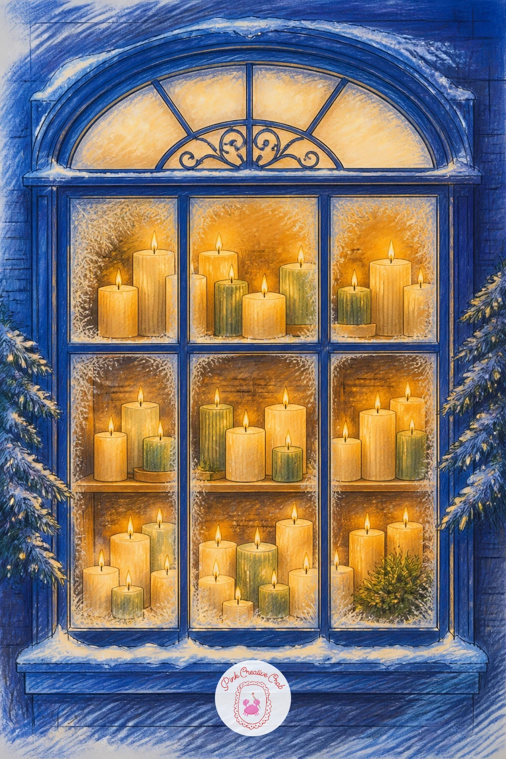Candle Shop Glowing From Inside — Fill the window with rows of candles at different heights rather than one even line, since varied heights let the eye travel