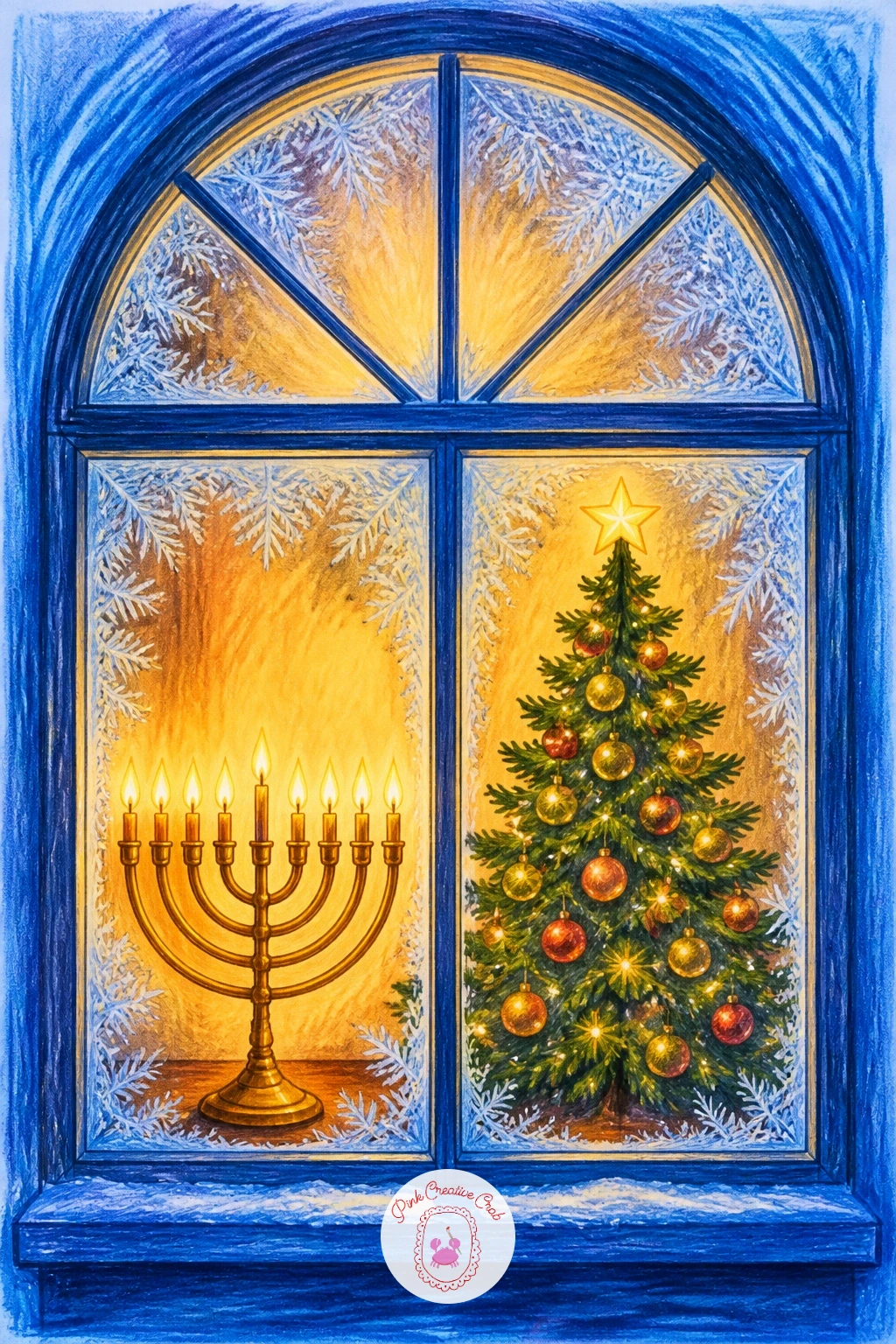 Window With a Menorah and Christmas Tree Side by Side — Give both symbols equal visual weight here, since this window tells a story about a shared home.