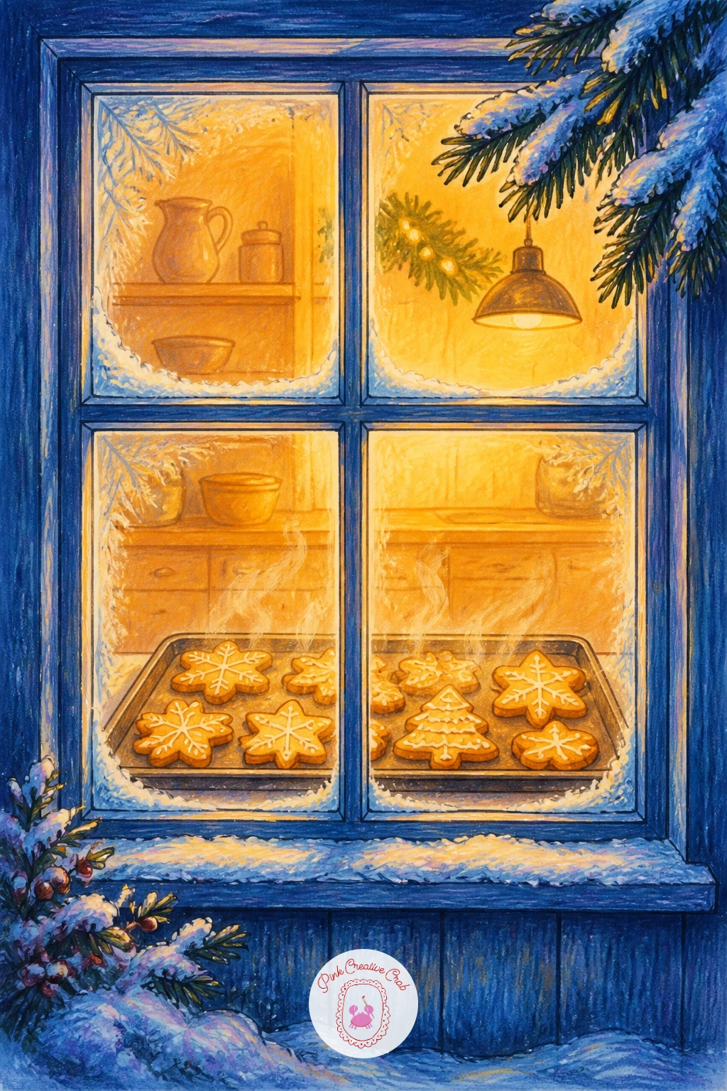 Kitchen Window With Cookies Cooling — Line a baking tray along the windowsill first, then draw five or six simple round cookies on it, each with a slightly
