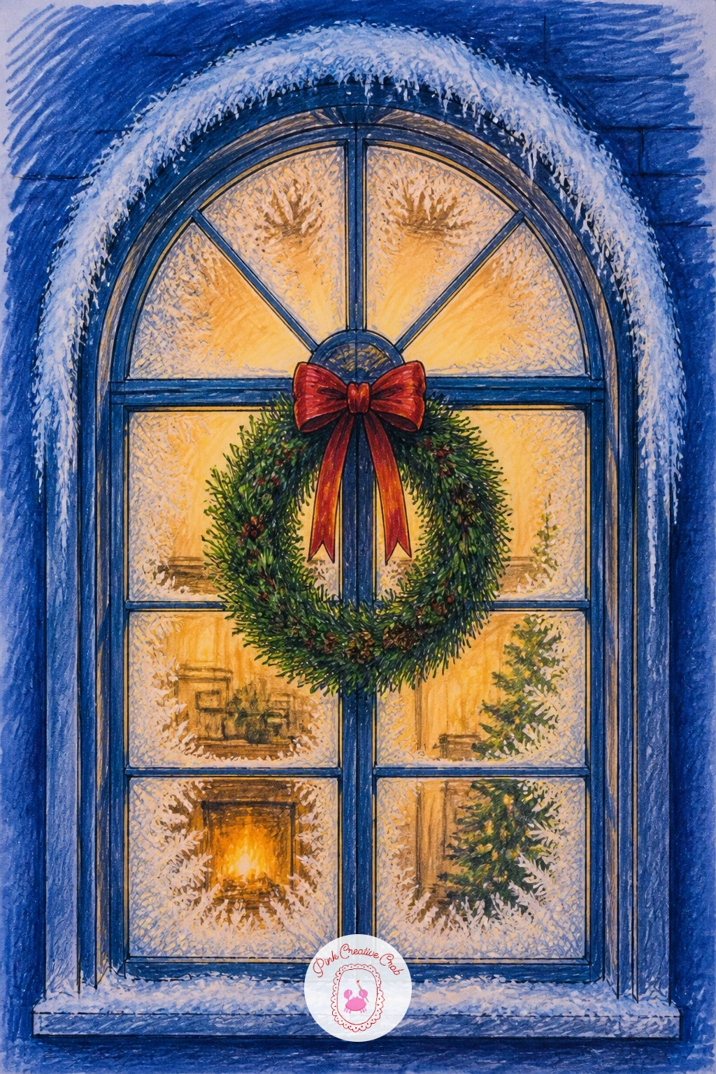 Arched Window With Wreath and Frost — An arched window changes the geometry of everything inside it, so draw the curved top carefully first, using a soft curve