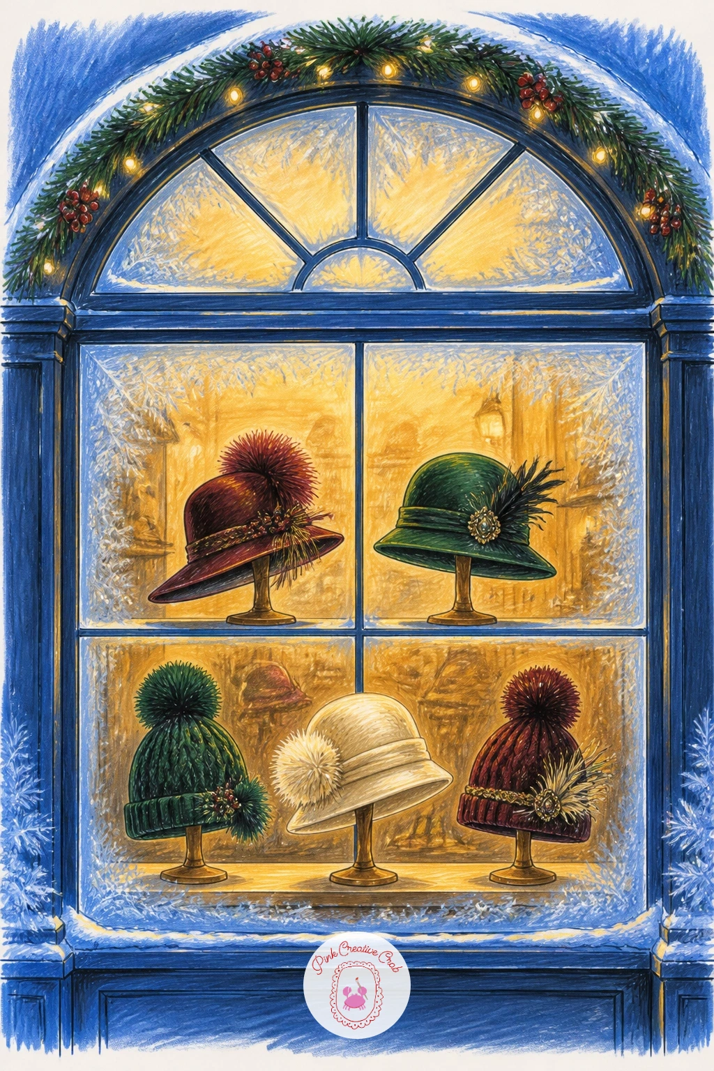 Hat Shop Window With Festive Hats — Fill a small shelf or stand with four or five hats of different styles, a wide brimmed felt hat, a knit beanie with a