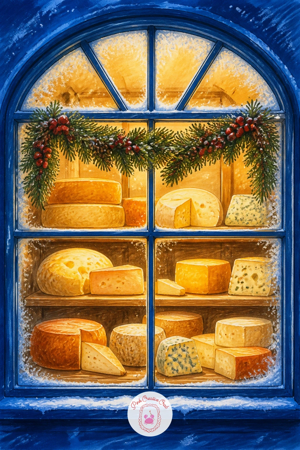 Cheese Shop Window With Garland — Round and wedge shapes make this window simple to build: draw two or three cheese wheels as flattened circles and a few wedge