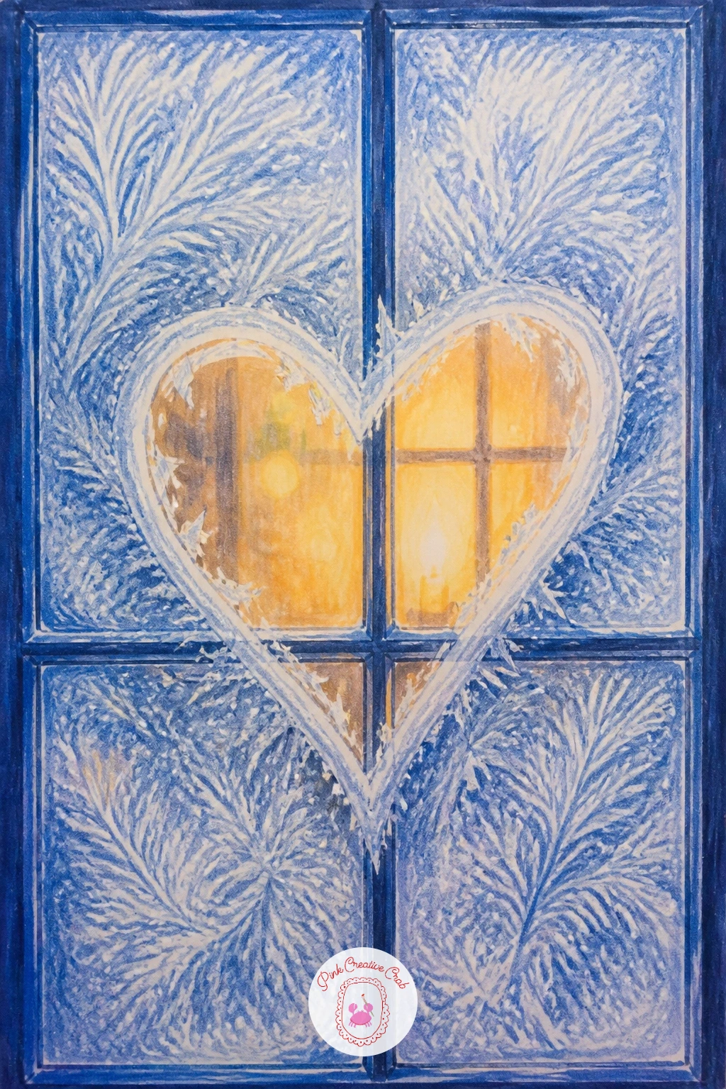 Frosted Window With Handwritten Heart — Build the frost layer first across the entire window, soft overlapping strokes of white and pale blue pencil covering