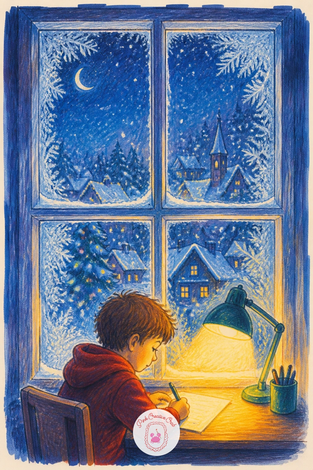 Kid Writing a Wish List by the Window — Seat the child at a small desk or table pulled close to the window, pencil in hand, paper in front of them, head tilted