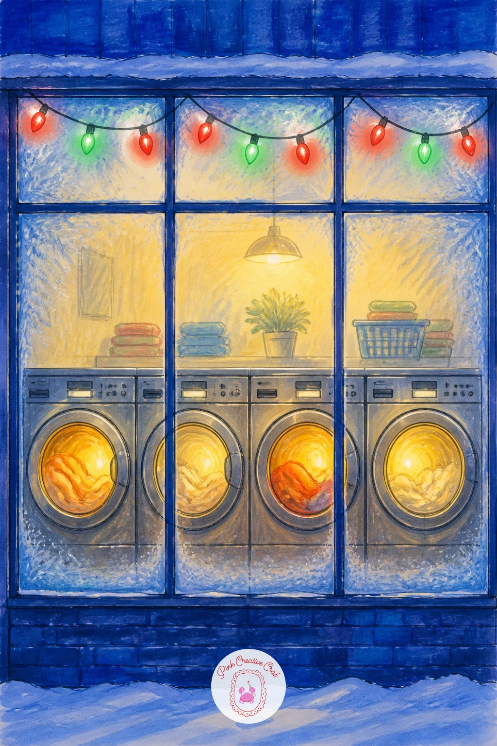 Laundromat Window Decorated With Lights — An unexpected subject like a laundromat window earns its place on this list because the round washer doors make such