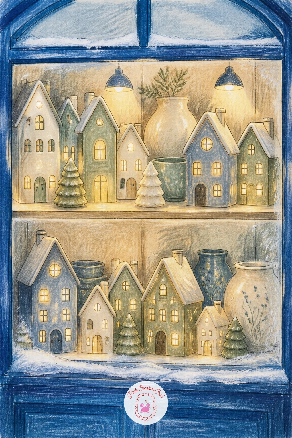 Ceramic Shop Window With House Ornaments — Arrange five or six tiny ceramic house ornaments on a shelf, each a simple square body with a triangle roof, varied