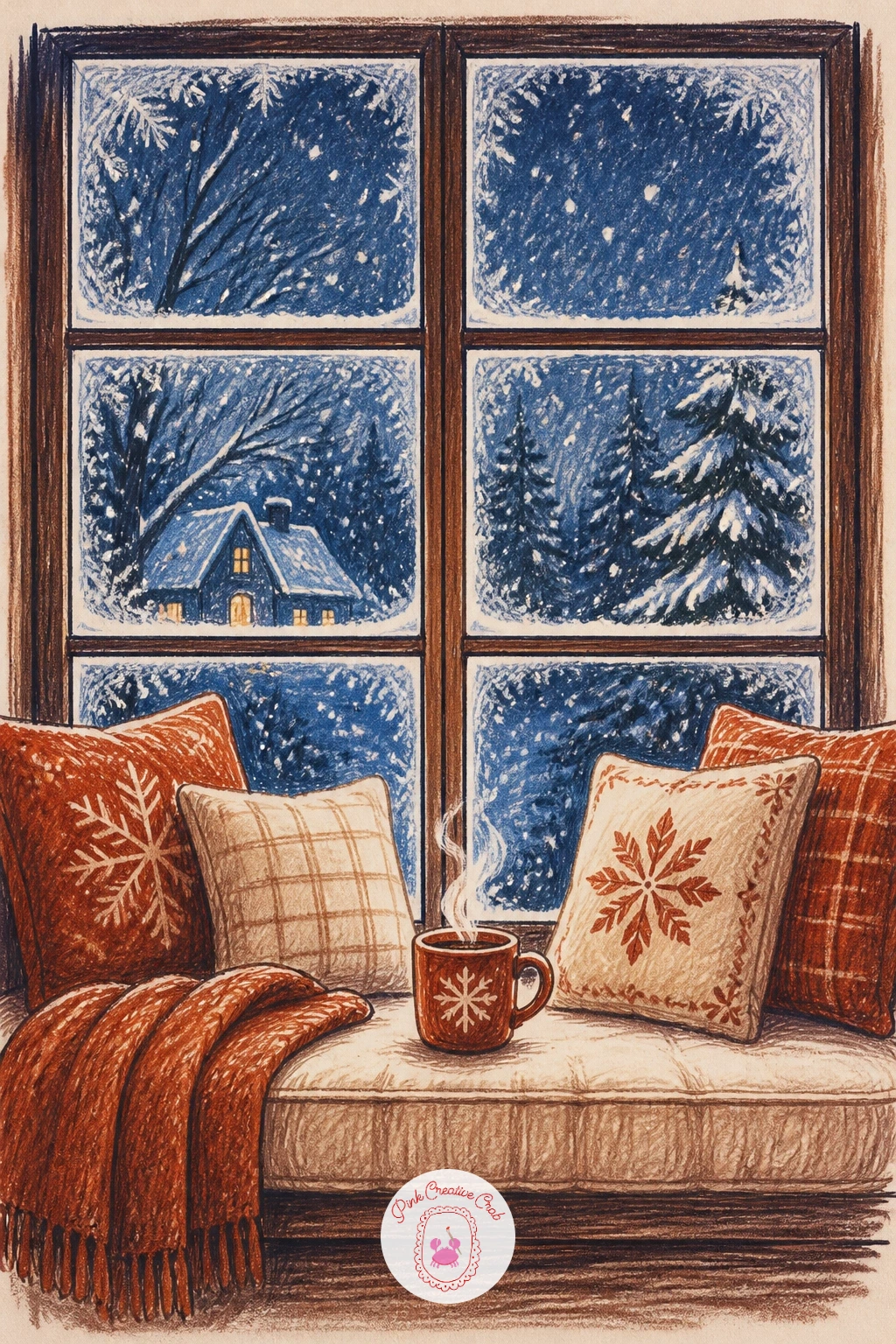 Window Seat With Pillows and a Mug — Focus this one entirely on the quiet details rather than any figure, since an empty window seat tells its own cozy story.