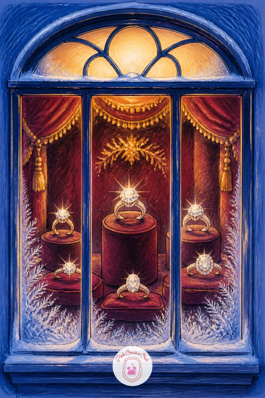 Jewelry Shop Window With Sparkling Rings — Display three or four rings on small velvet stands or a simple tiered display, each ring a thin circle shape with a