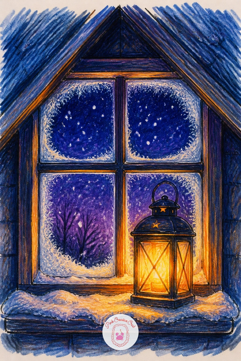 Attic Window With Snow and Lantern — An attic window sits differently than a shop front, often small and round or arched, tucked under a sloped roofline, so