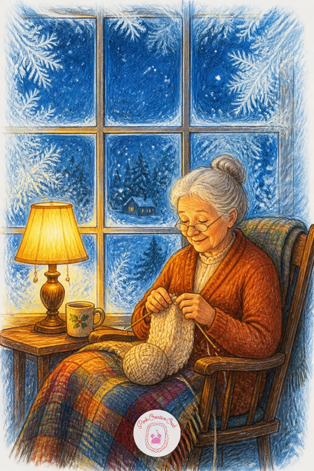 Grandmother Knitting by Lamp — Seat the grandmother in a comfortable chair pulled close to the window, knitting needles in hand, a half finished scarf or