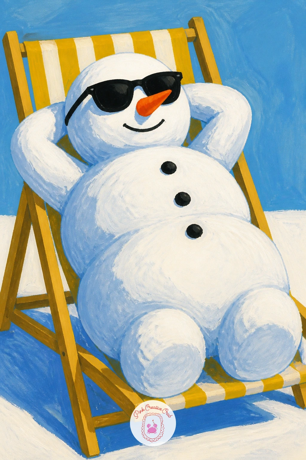 Sunbathing Snowman In Deck Chair — Start simple with a snowman sunbathing, stretched out in a tiny deck chair with round black sunglasses perched on his coal