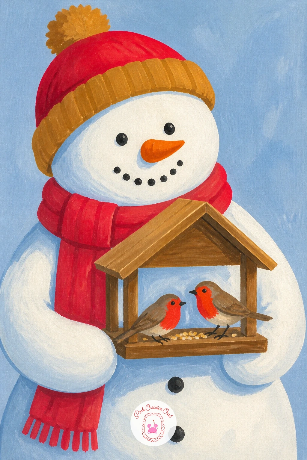 Snowman With A Robin Feeder — Move from lounging to kindness with a snowman holding a little bird feeder out for two robins. Christmas snowman painting