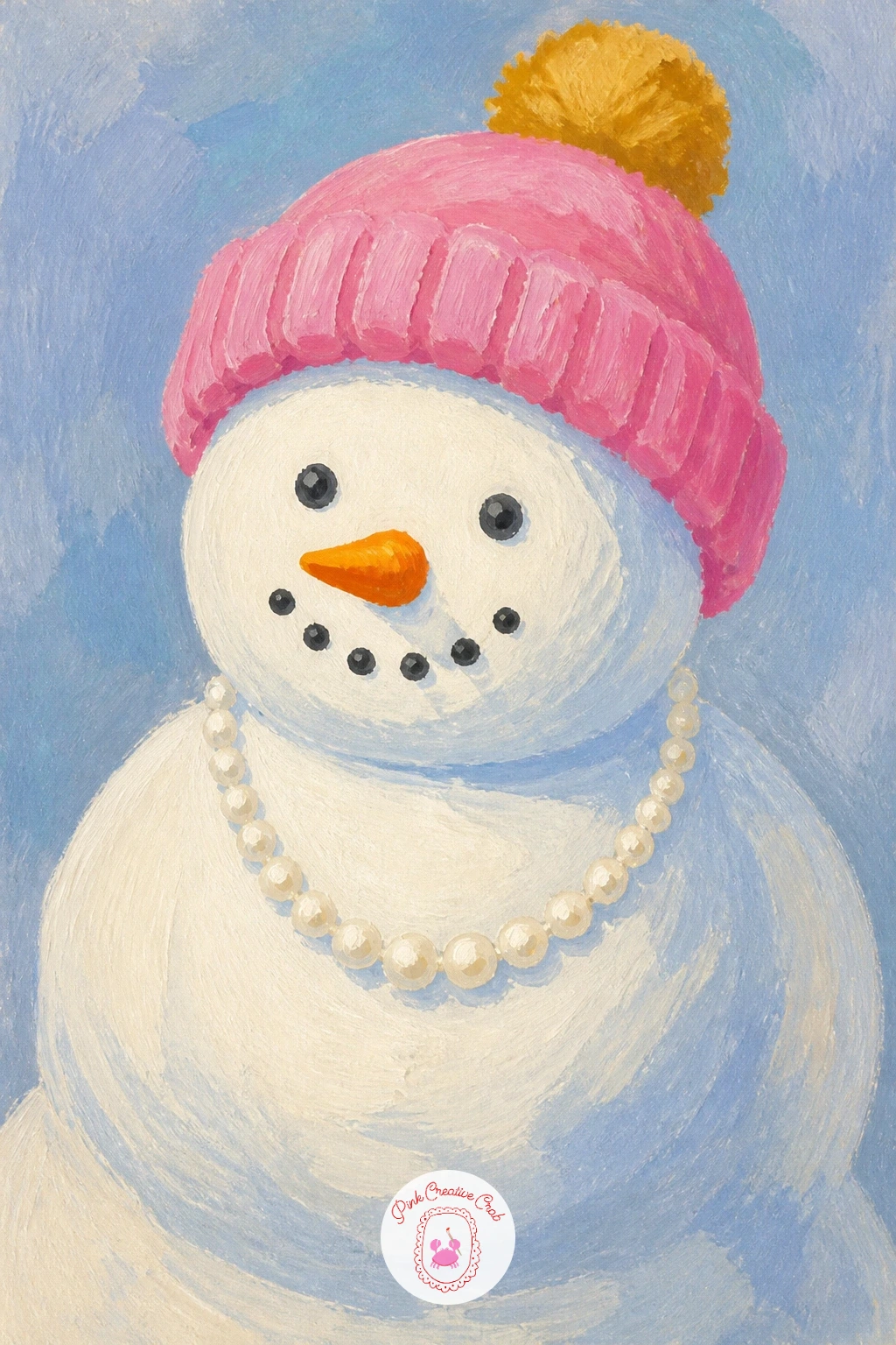 Snowman In Pink Beanie And Pearls — Give your snowman a glamorous moment in a pink beanie and a string of pearls. Christmas snowman painting