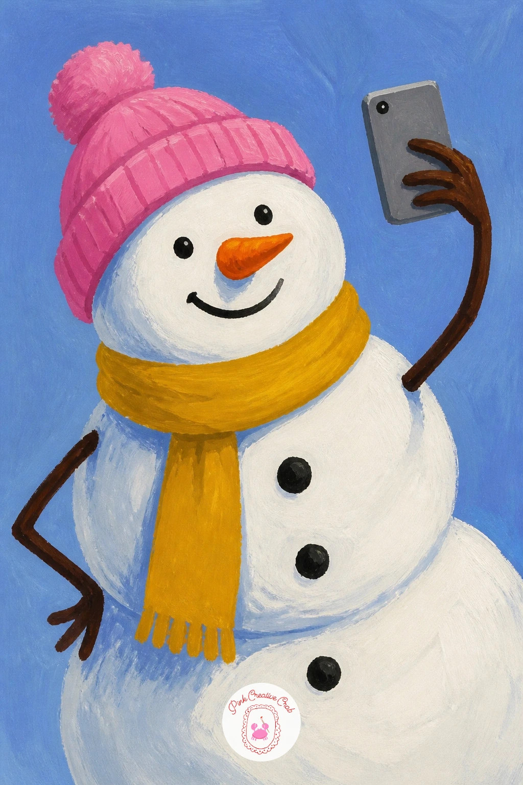 Snowman Taking A Selfie — Here is where things get genuinely funny: paint a snowman holding up a phone to take his own selfie, arm bent awkwardly the way