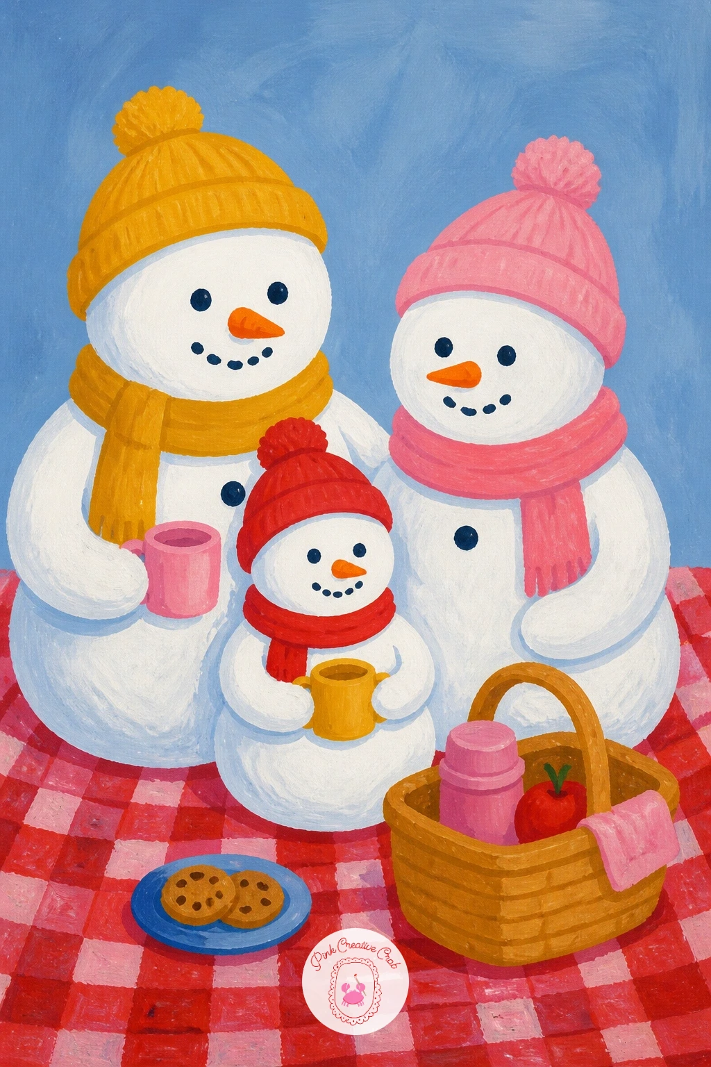Snowman Family Picnic — Build on that single snowman by painting a whole snowman family having a picnic together on the snow. Christmas snowman painting