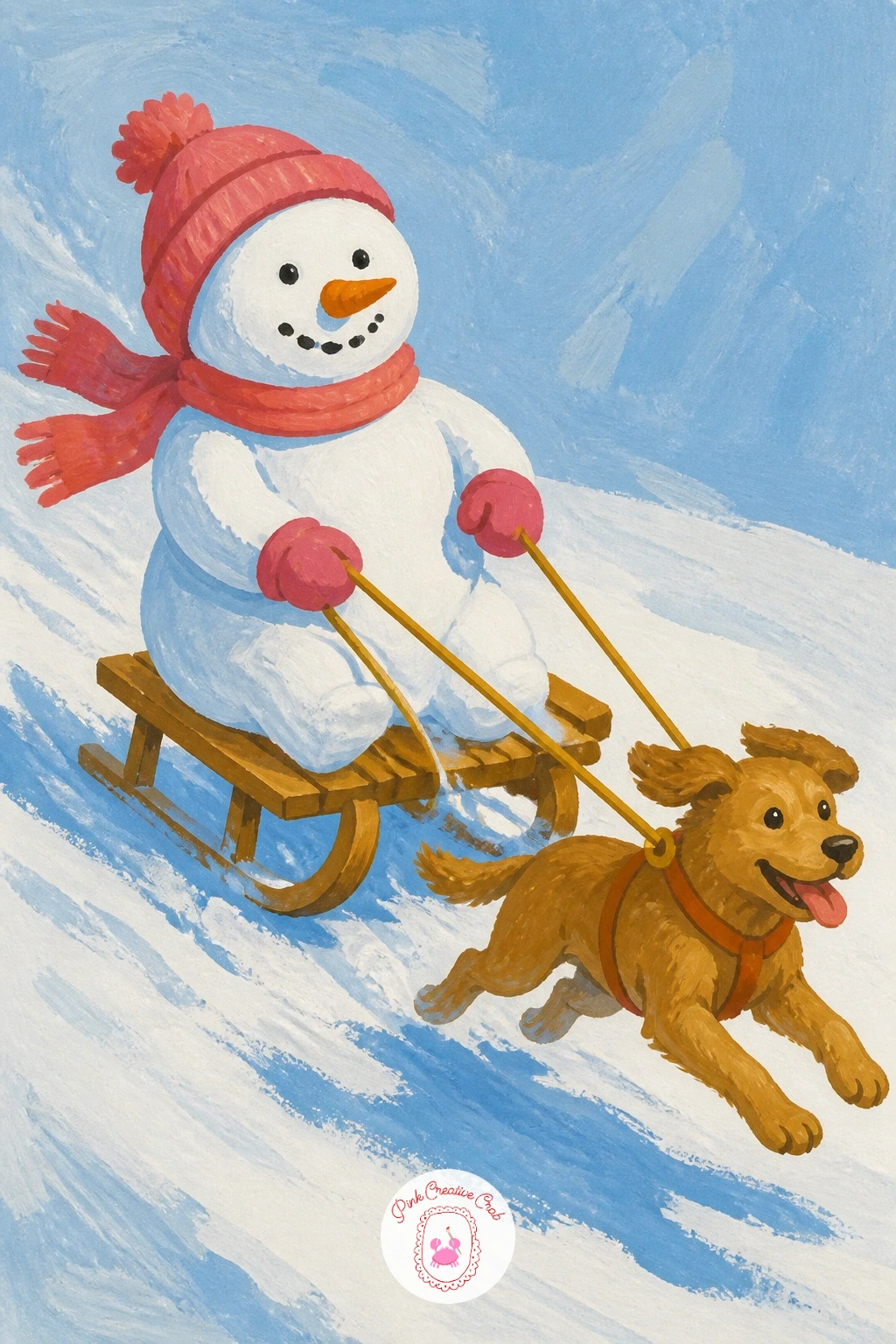 Snowman On A Sled With A Dog — Speed things up with a snowman riding a wooden sled pulled by an eager little dog. Christmas snowman painting