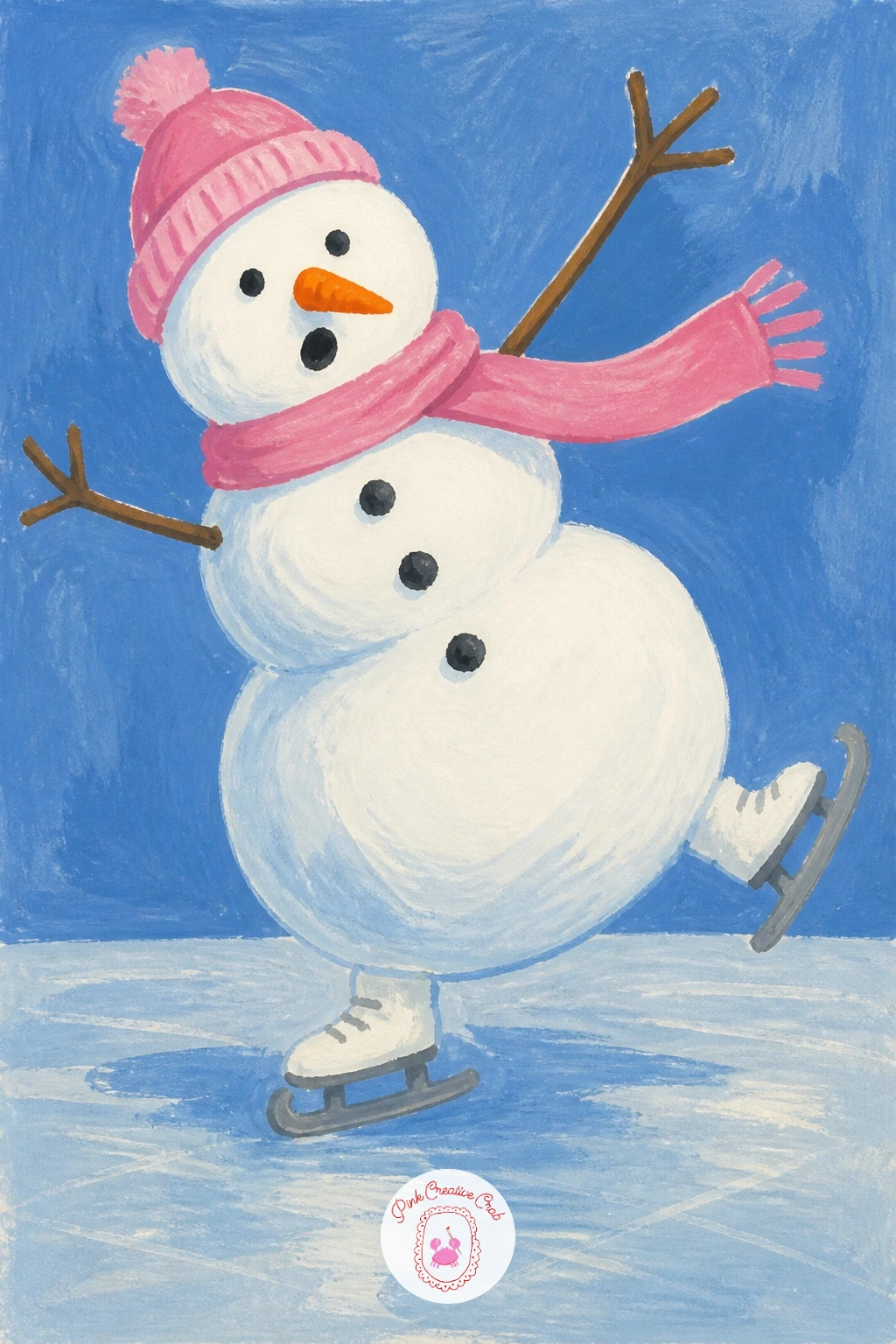 Snowman Ice Skating Badly — Keep the humor going with a snowman mid-wobble on ice skates, arms flailing for balance. Christmas snowman painting