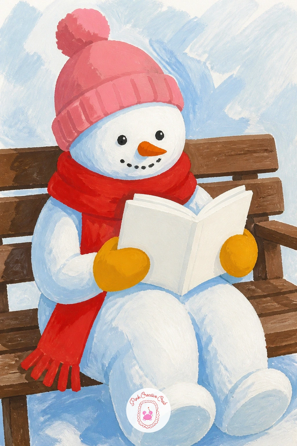 Snowman Reading On A Bench — Slow the pace with a cozy snowman reading a book on a snowy bench. Christmas snowman painting
