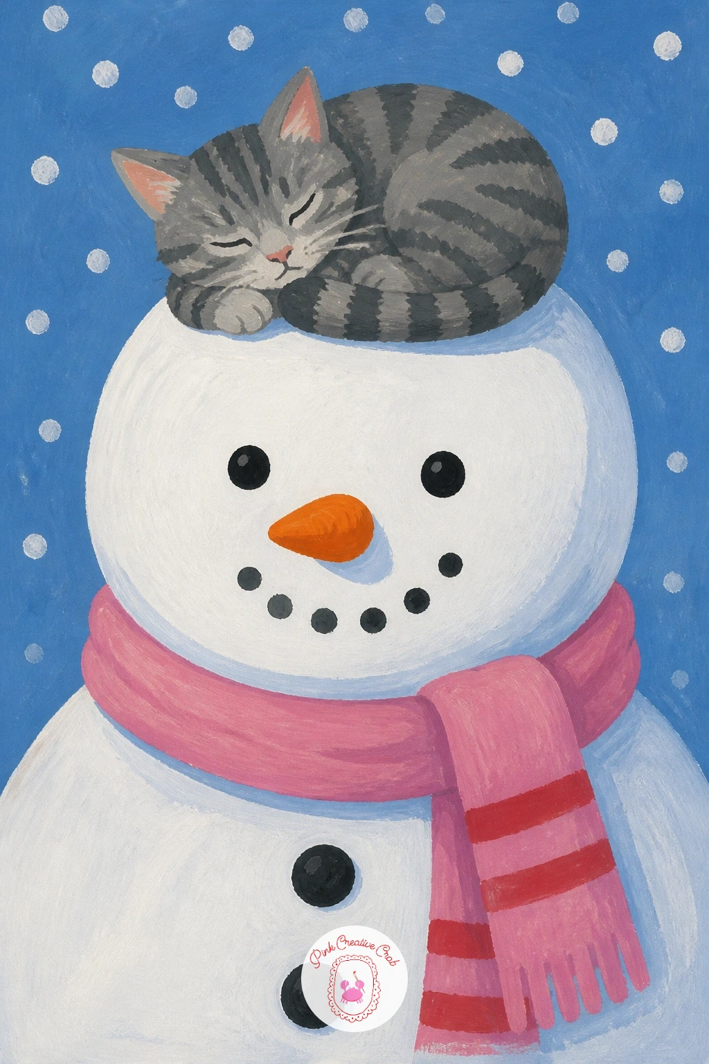 Snowman With A Cat On Its Head — Paint a snowman wearing the most unexpected hat of all, a small cat curled up asleep right on top of his head. Christmas