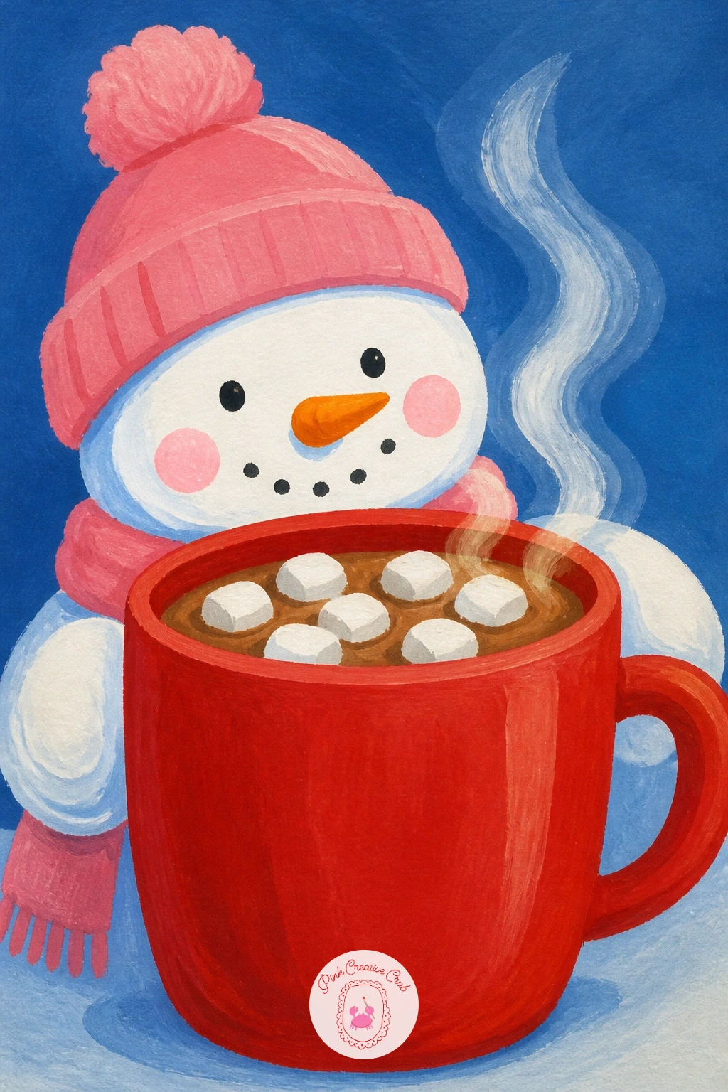 Snowman Sipping Cocoa From A Giant Mug — Warm things up with a snowman holding an oversized mug of cocoa nearly as big as he is. Christmas snowman painting